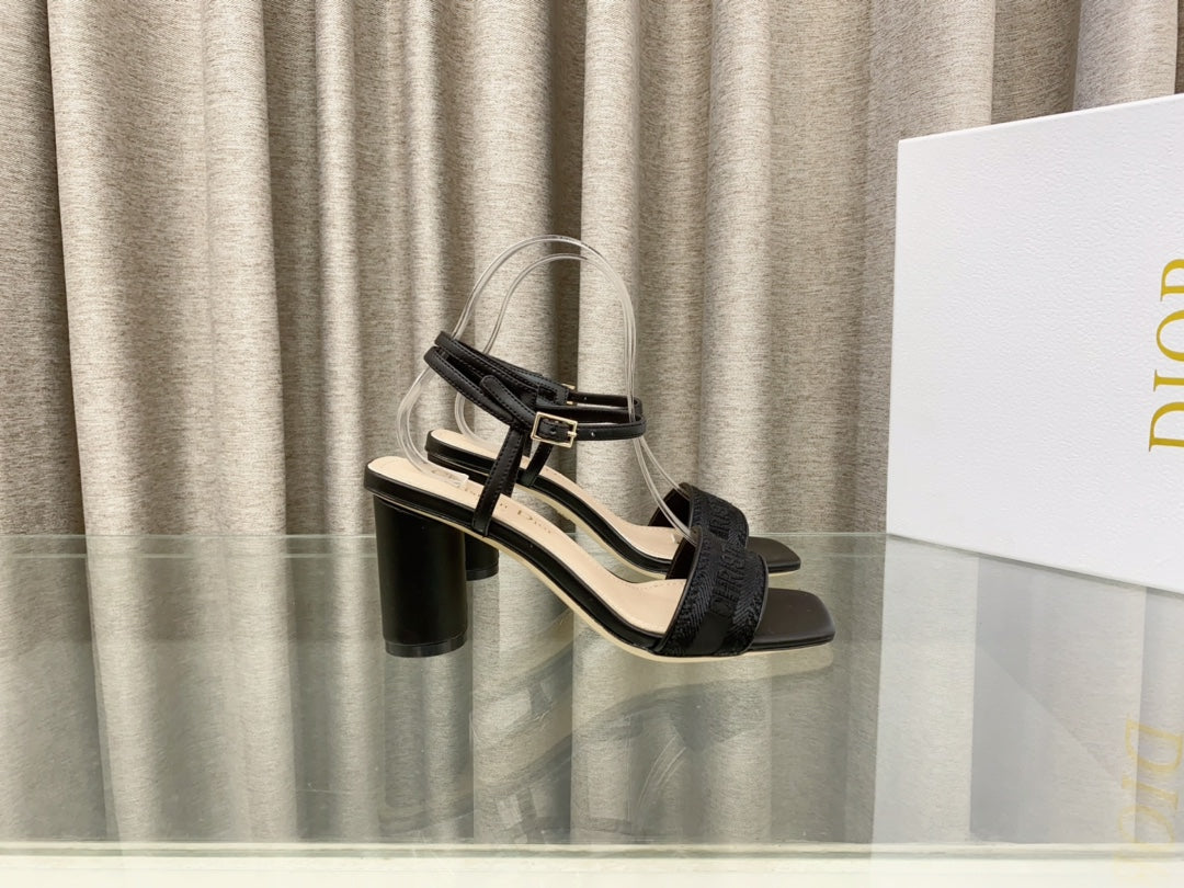 DWAY HIGH HEEL EMBROIDERED SANDAL BLACK CALFSKIN 75 MM