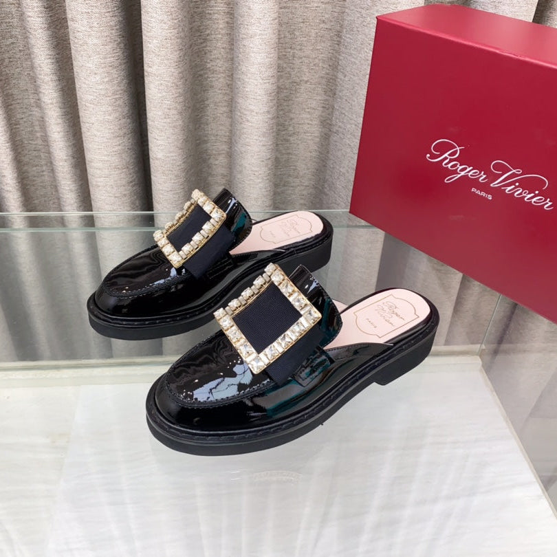 VIV' RANGERS MULES IN BLACK PATENT CALFSKIN CRYSTAL BUCKLE