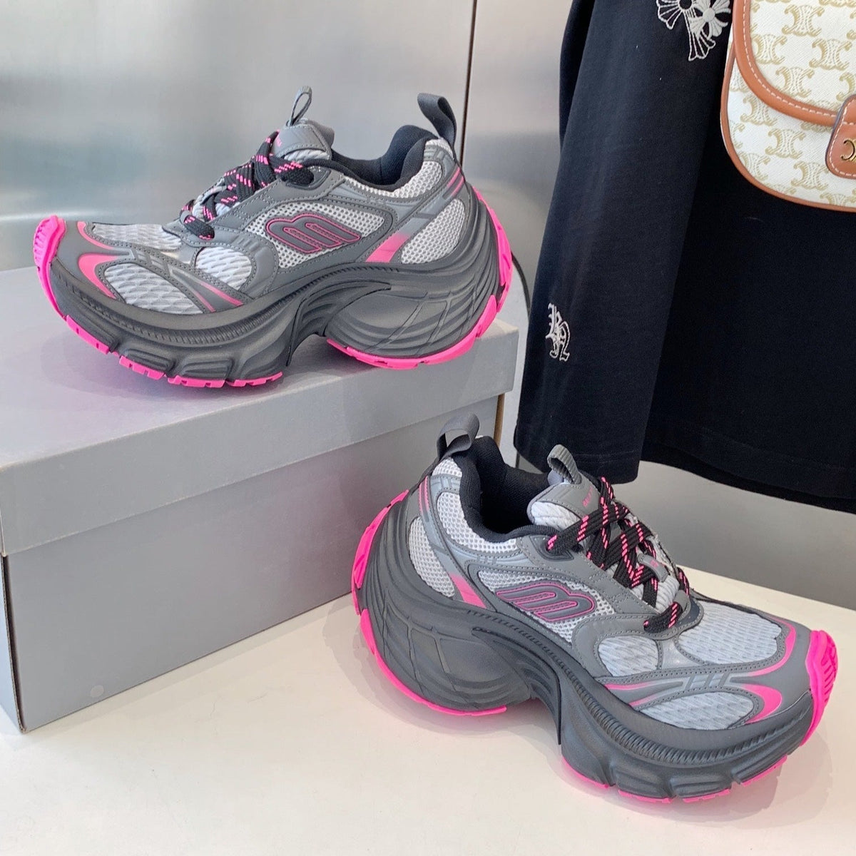 DAD SHOES IN GRAY MIX PINK MESH AND CALFSKIN