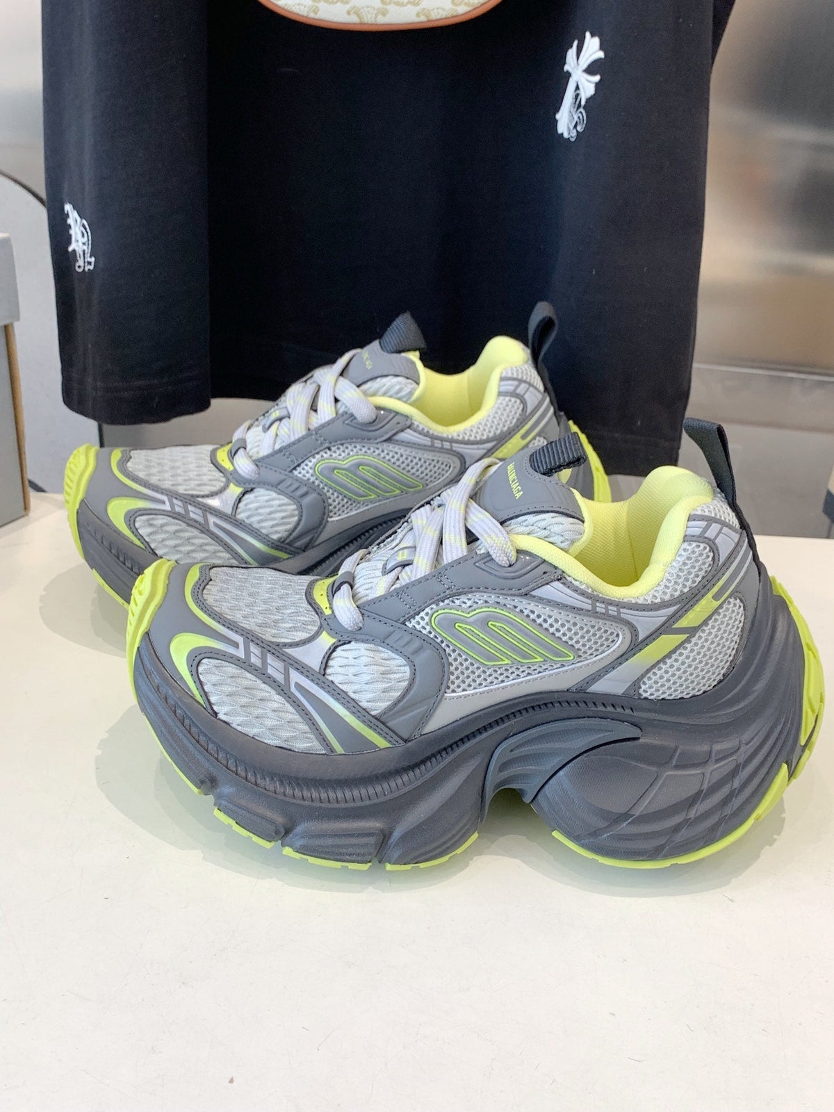 DAD SHOES IN GRAY MIX NEON GREEN MESH AND CALFSKIN