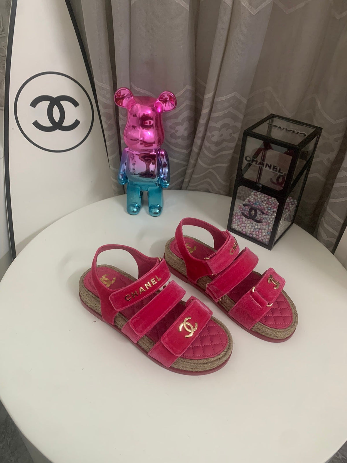 CC DAD SANDALS IN HOT PINK VELVET AND CALFSKIN