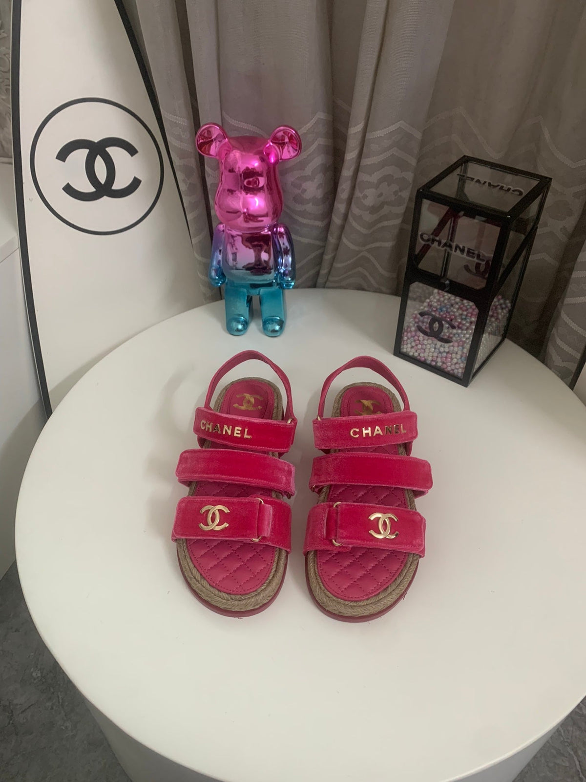 CC DAD SANDALS IN HOT PINK VELVET AND CALFSKIN