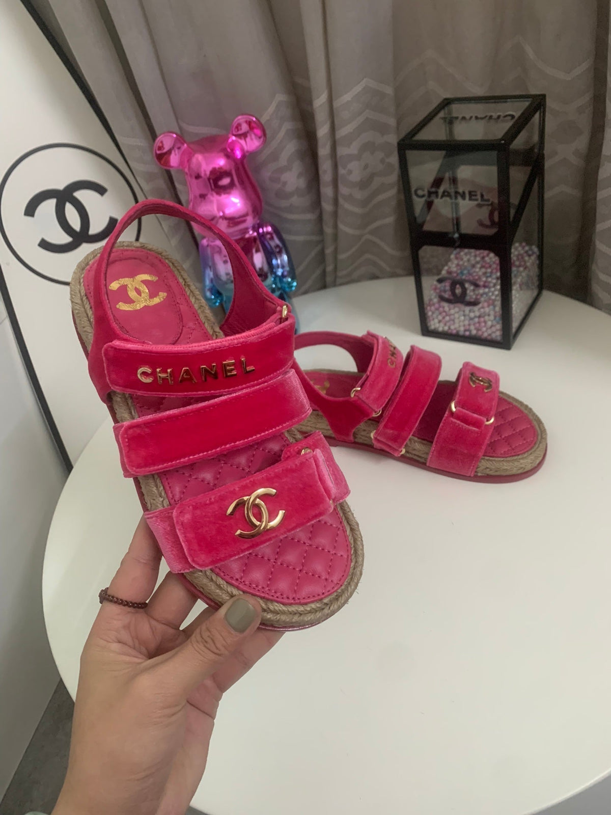 CC DAD SANDALS IN HOT PINK VELVET AND CALFSKIN