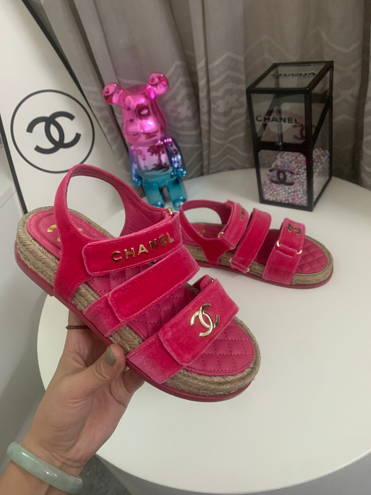 CC DAD SANDALS IN HOT PINK VELVET AND CALFSKIN