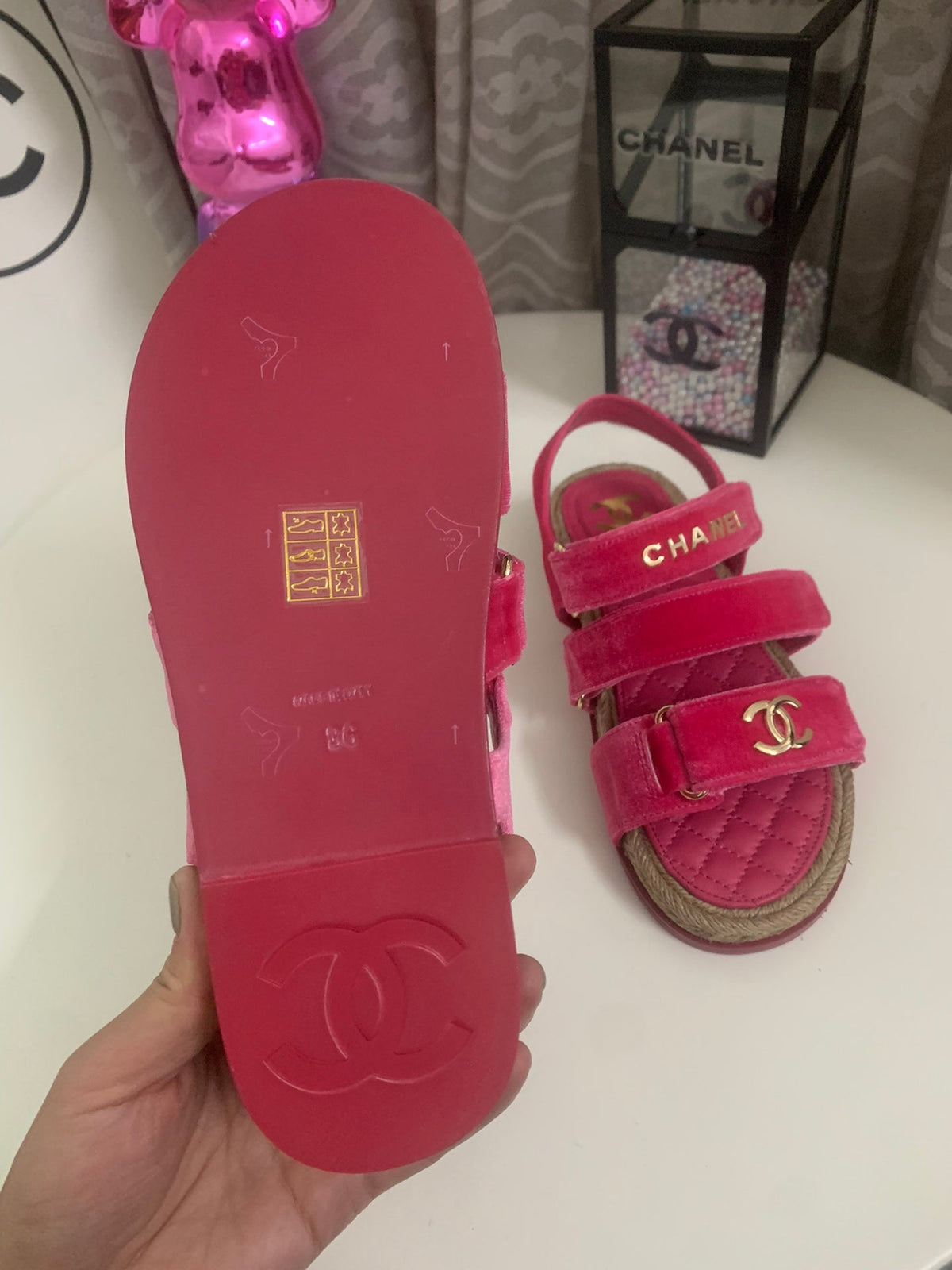 CC DAD SANDALS IN HOT PINK VELVET AND CALFSKIN