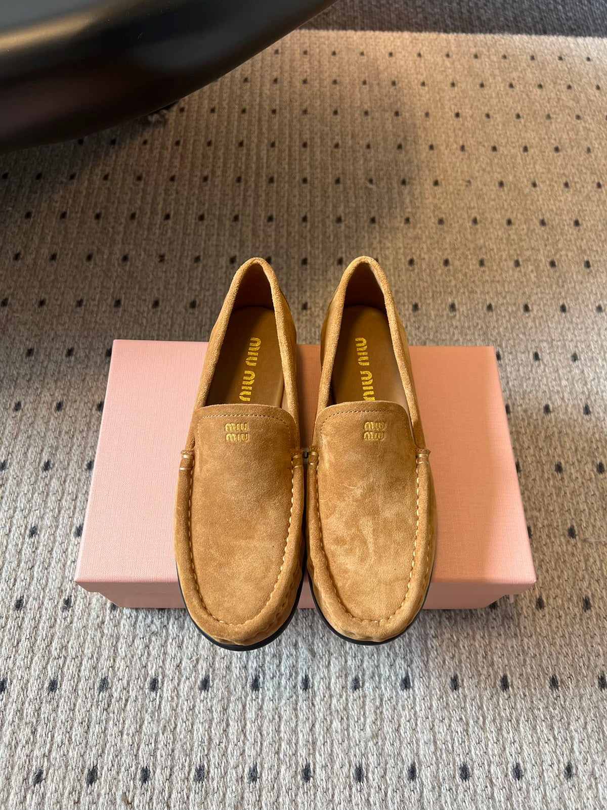 MIUMIU 26S LOAFERS IN TAN BROWN SUEDE