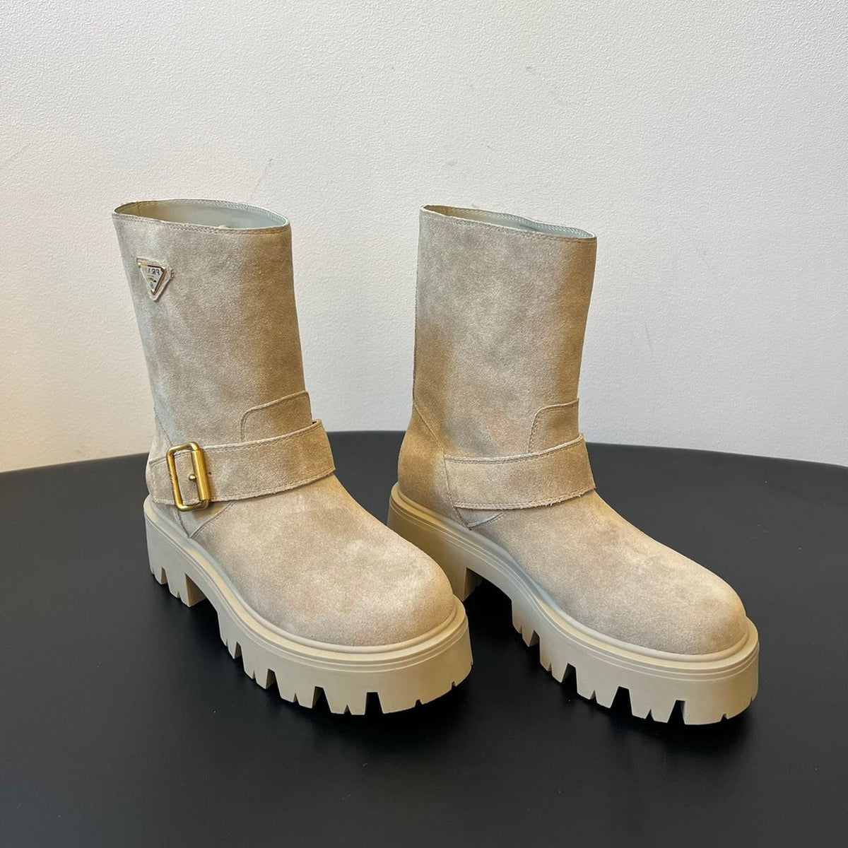 PRADA 25S PLATFORM ANKLE BOOTS IN BEIGE SUEDE WITH GOLD HARDWARE