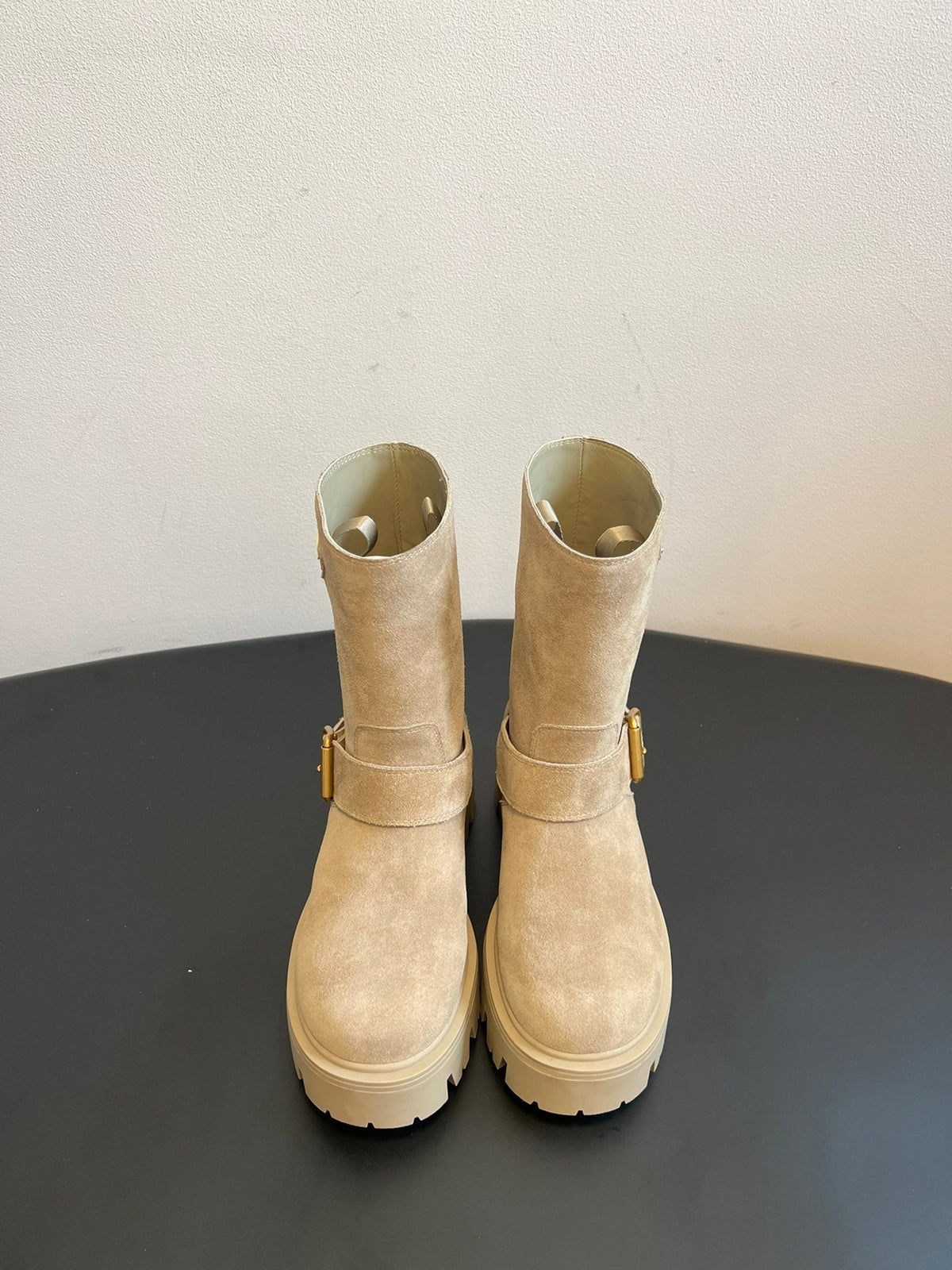 PRADA 25S PLATFORM ANKLE BOOTS IN BEIGE SUEDE WITH GOLD HARDWARE