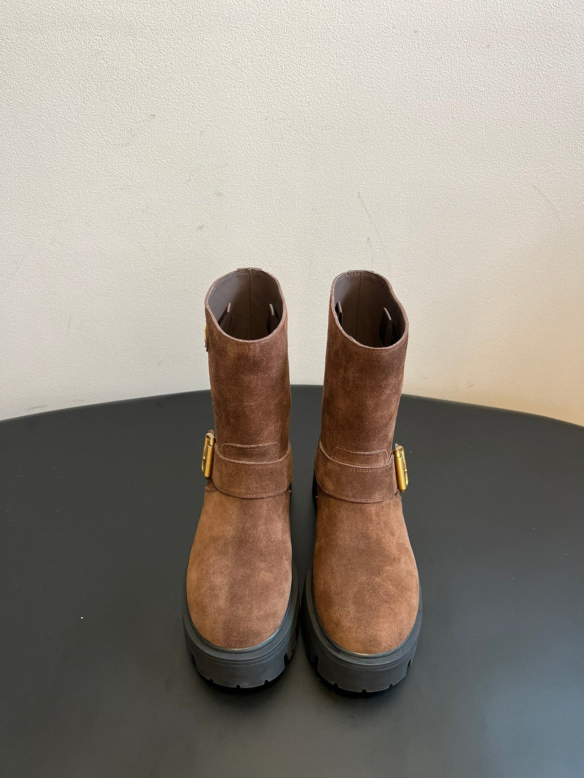 PRADA 25S PLATFORM ANKLE BOOTS IN BROWN SUEDE WITH GOLD HARDWARE