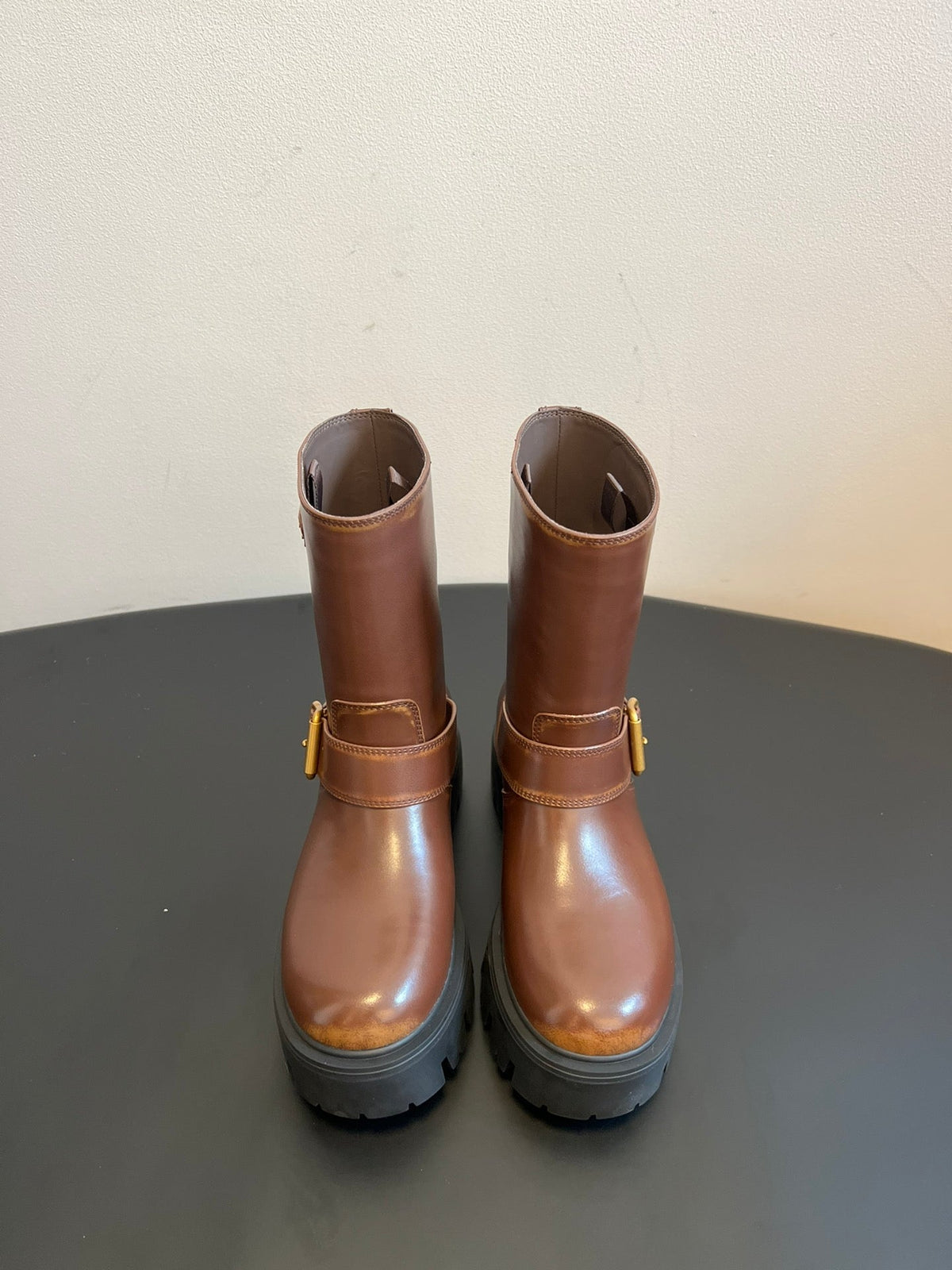 PRADA 25S PLATFORM ANKLE BOOTS IN BROWN CALFSKIN WITH GOLD HARDWARE