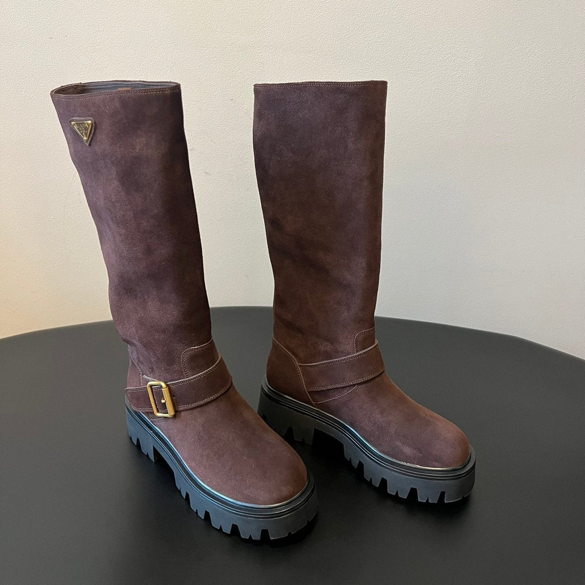 PRADA 25S HIGH-CUT PLATFORM BOOTS IN BROWN SUEDE WITH GOLD HARDWARE