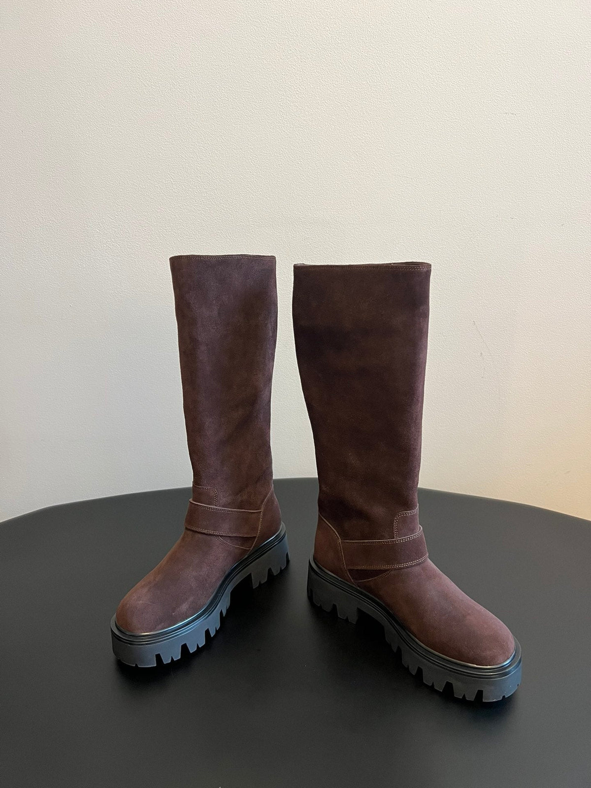 PRADA 25S HIGH-CUT PLATFORM BOOTS IN BROWN SUEDE WITH GOLD HARDWARE