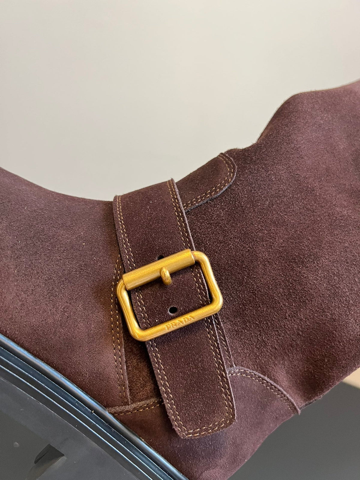 PRADA 25S HIGH-CUT PLATFORM BOOTS IN BROWN SUEDE WITH GOLD HARDWARE