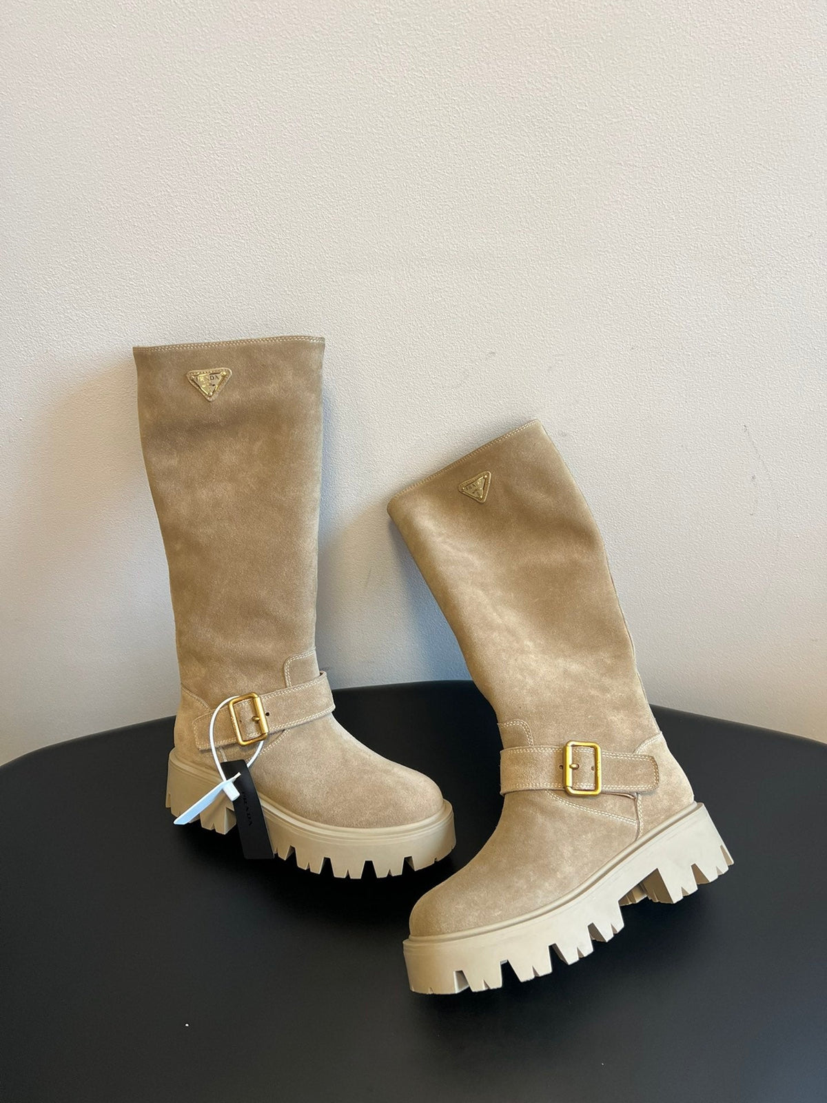 PRADA 25S HIGH-CUT PLATFORM BOOTS IN DARK BEIGE SUEDE WITH GOLD HARDWARE