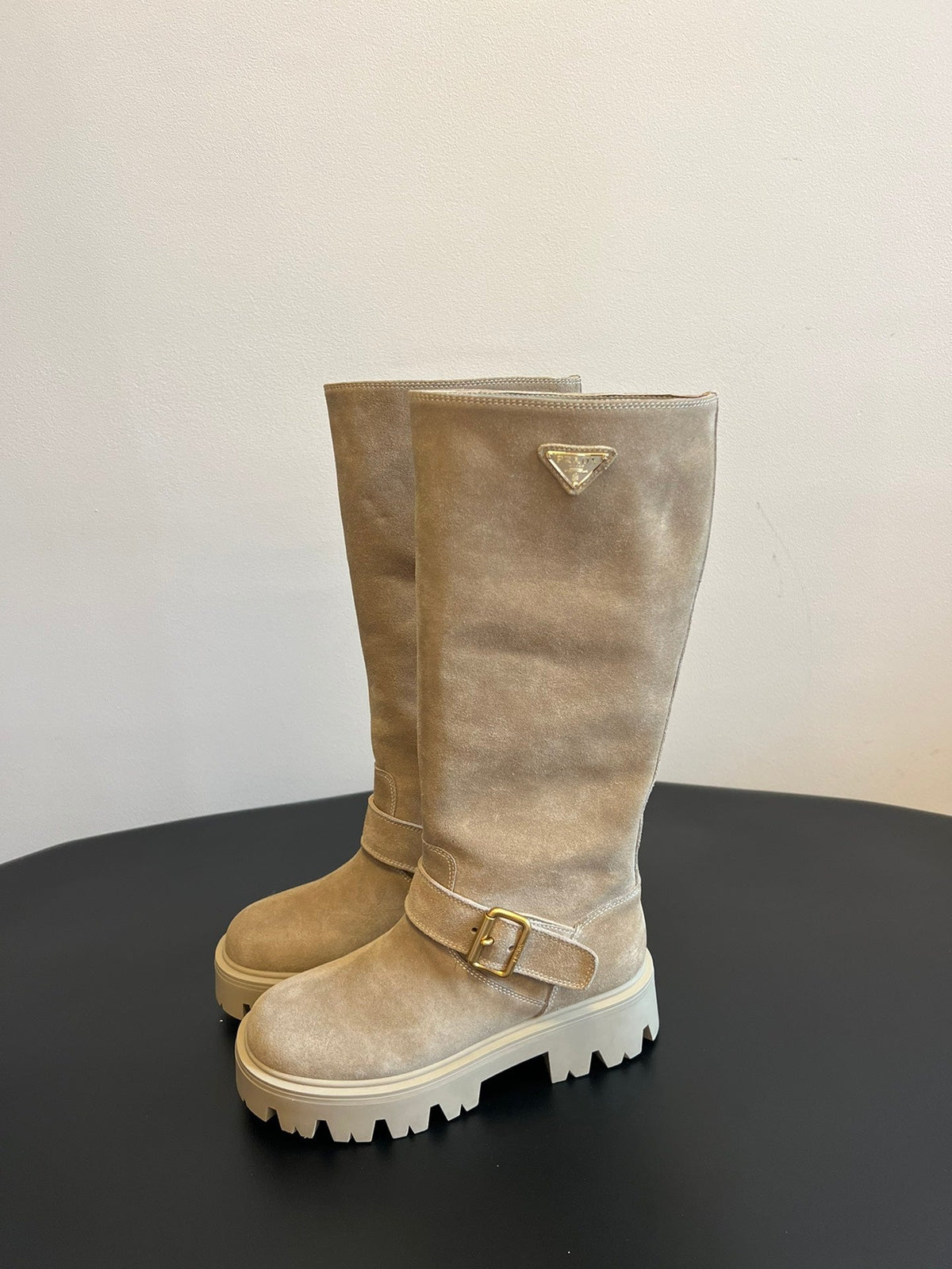 PRADA 25S HIGH-CUT PLATFORM BOOTS IN DARK BEIGE SUEDE WITH GOLD HARDWARE