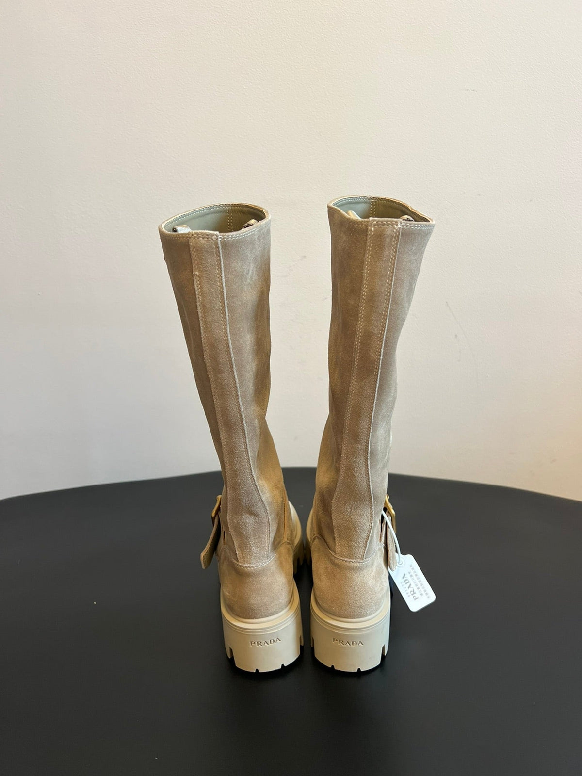 PRADA 25S HIGH-CUT PLATFORM BOOTS IN DARK BEIGE SUEDE WITH GOLD HARDWARE