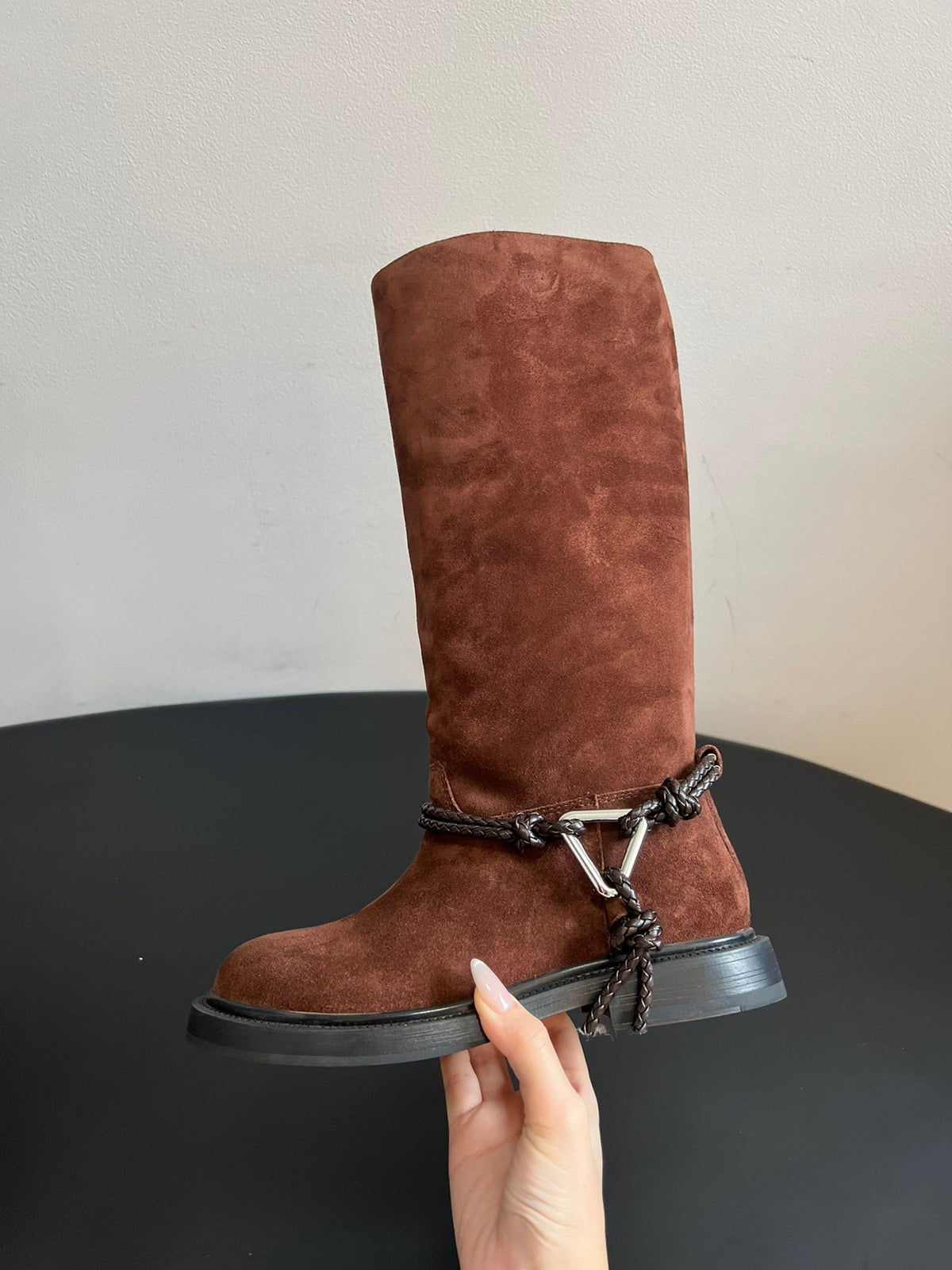 BOTTEGA VENETA 26S TALL BOOTS IN BROWN SUEDE