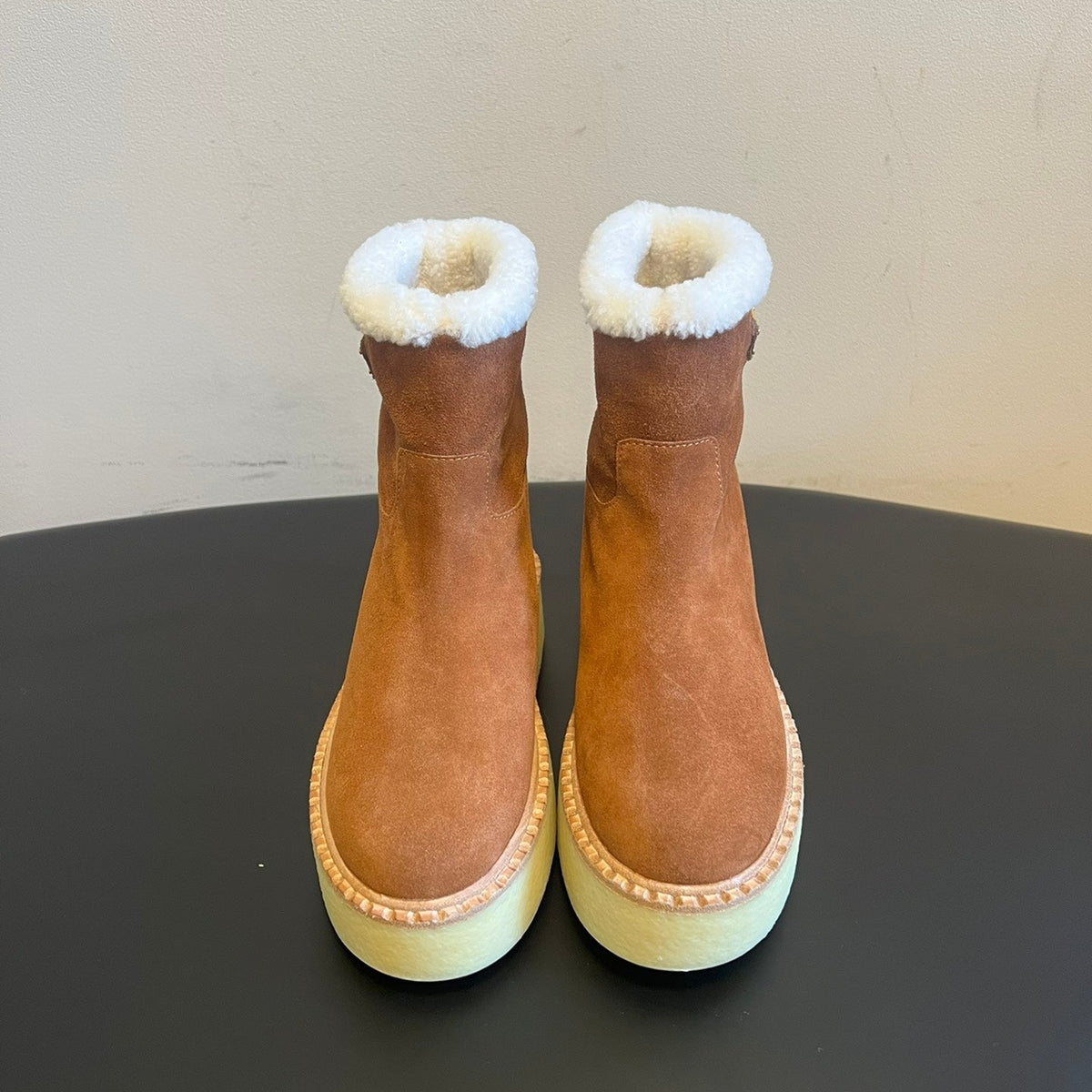 PRADA 25S ANKLE BOOTS 40 MM IN BROWN SUEDE SHEARLING-LINED