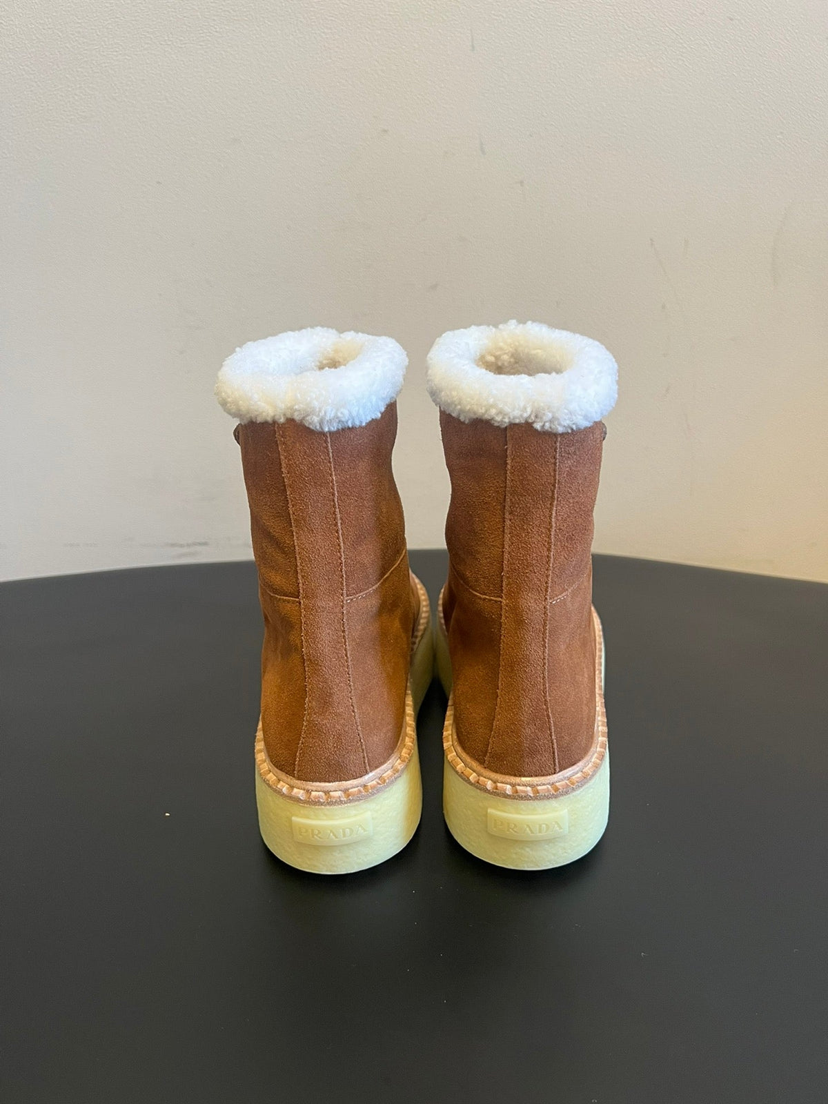PRADA 25S ANKLE BOOTS 40 MM IN BROWN SUEDE SHEARLING-LINED