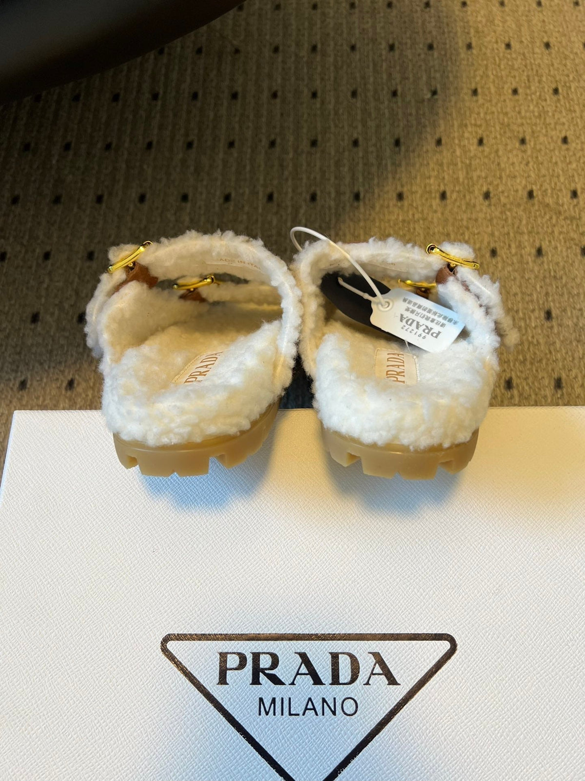 PRADA 25S TWO-STRAP SANDALS IN BROWN SUEDE AND WHITE SHEARLING WITH GOLD HARDWARE