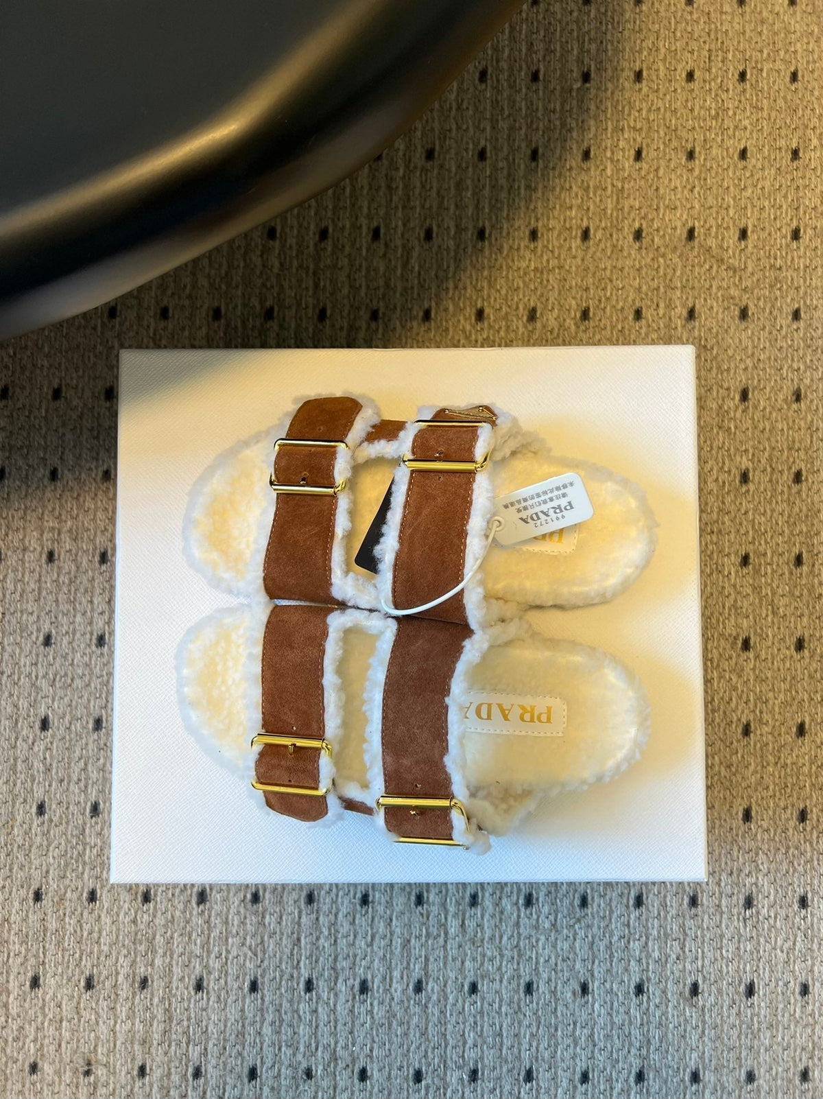 PRADA 25S TWO-STRAP SANDALS IN BROWN SUEDE AND WHITE SHEARLING WITH GOLD HARDWARE