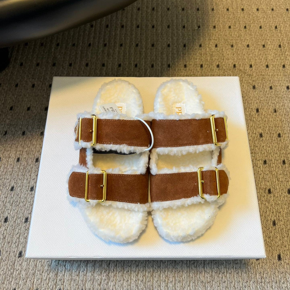 PRADA 25S TWO-STRAP SANDALS IN BROWN SUEDE AND WHITE SHEARLING WITH GOLD HARDWARE
