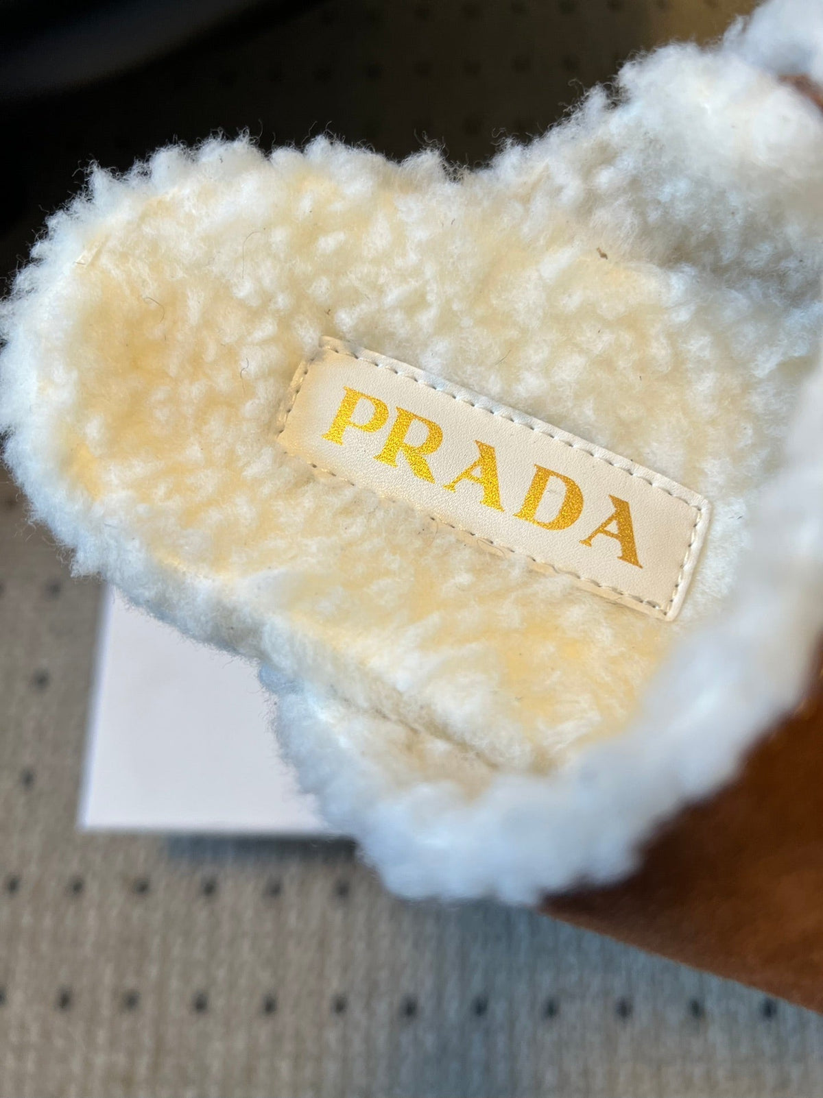 PRADA 25S TWO-STRAP SANDALS IN BROWN SUEDE AND WHITE SHEARLING WITH GOLD HARDWARE