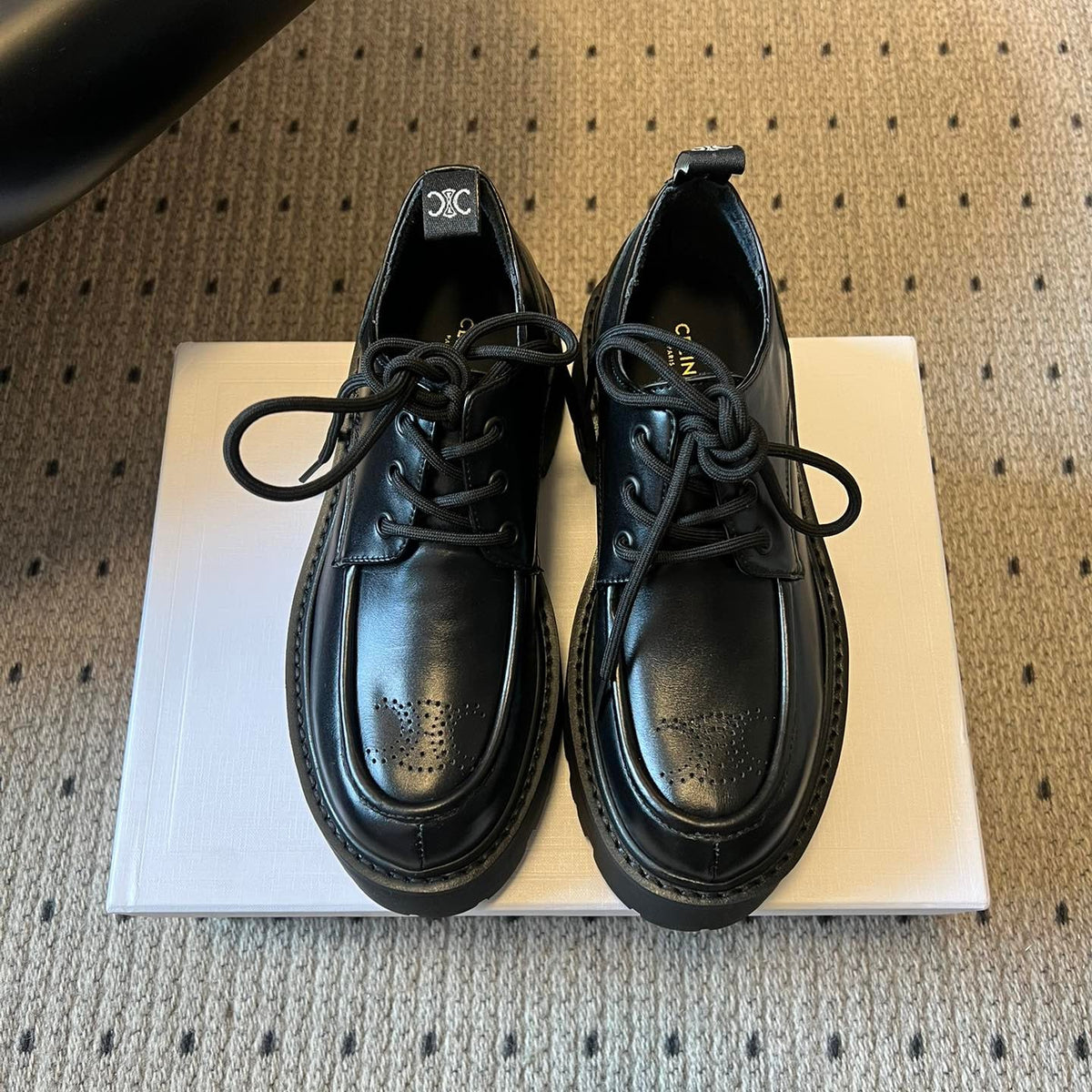 CELINE 26S LACE-UP LOAFERS IN BLACK CALFSKIN