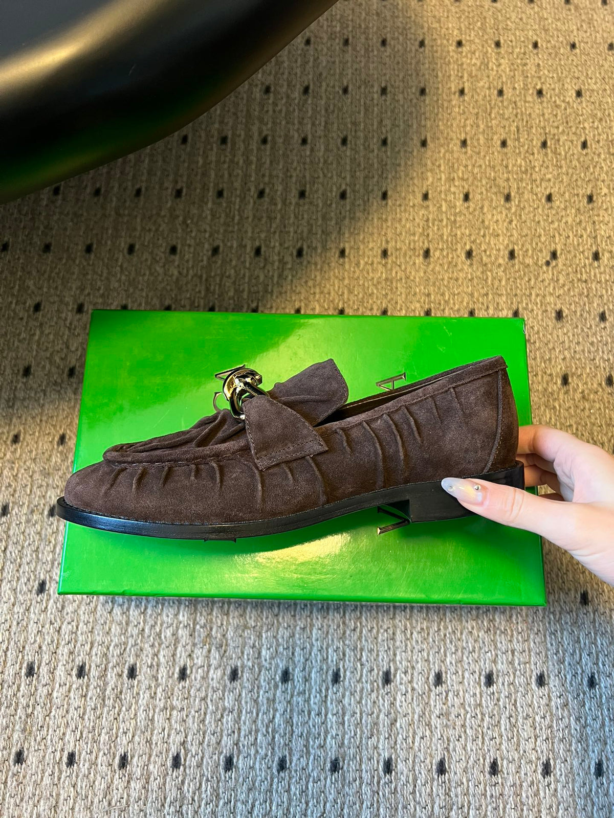 BOTTEGA VENETA 26S LOAFERS IN DARK BROWN SUEDE WITH GOLD HARDWARE