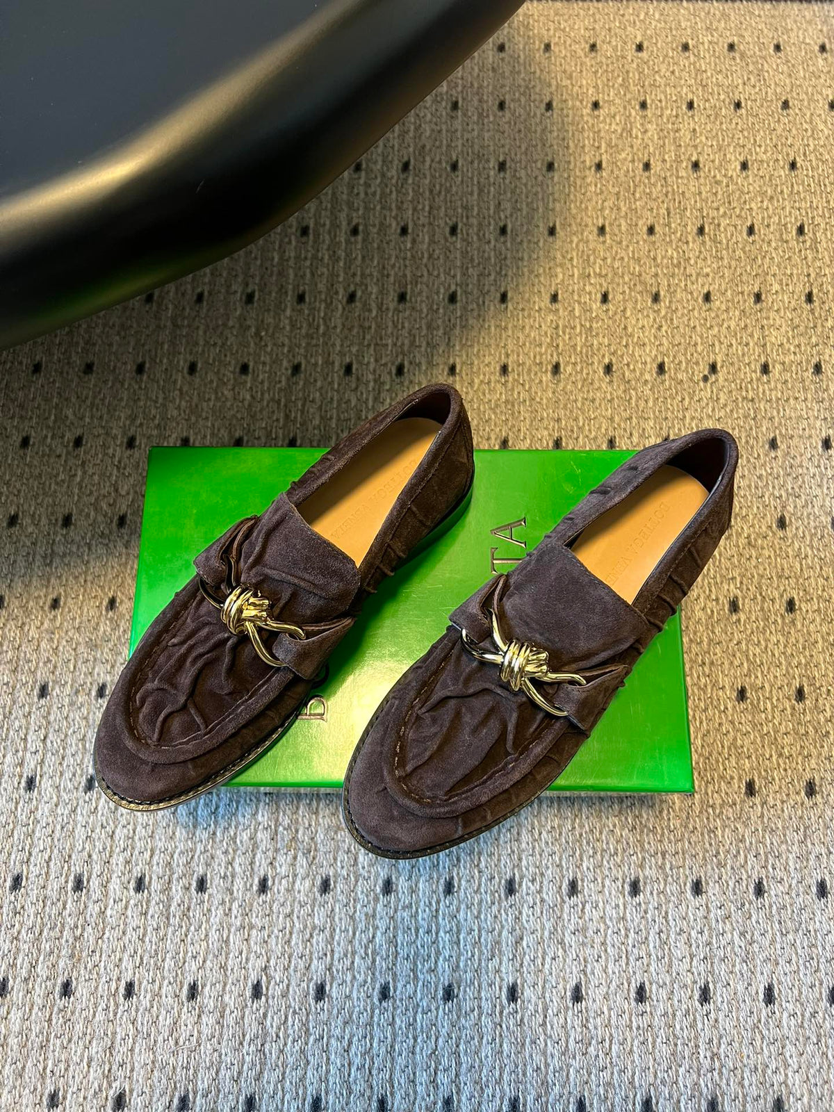 BOTTEGA VENETA 26S LOAFERS IN DARK BROWN SUEDE WITH GOLD HARDWARE