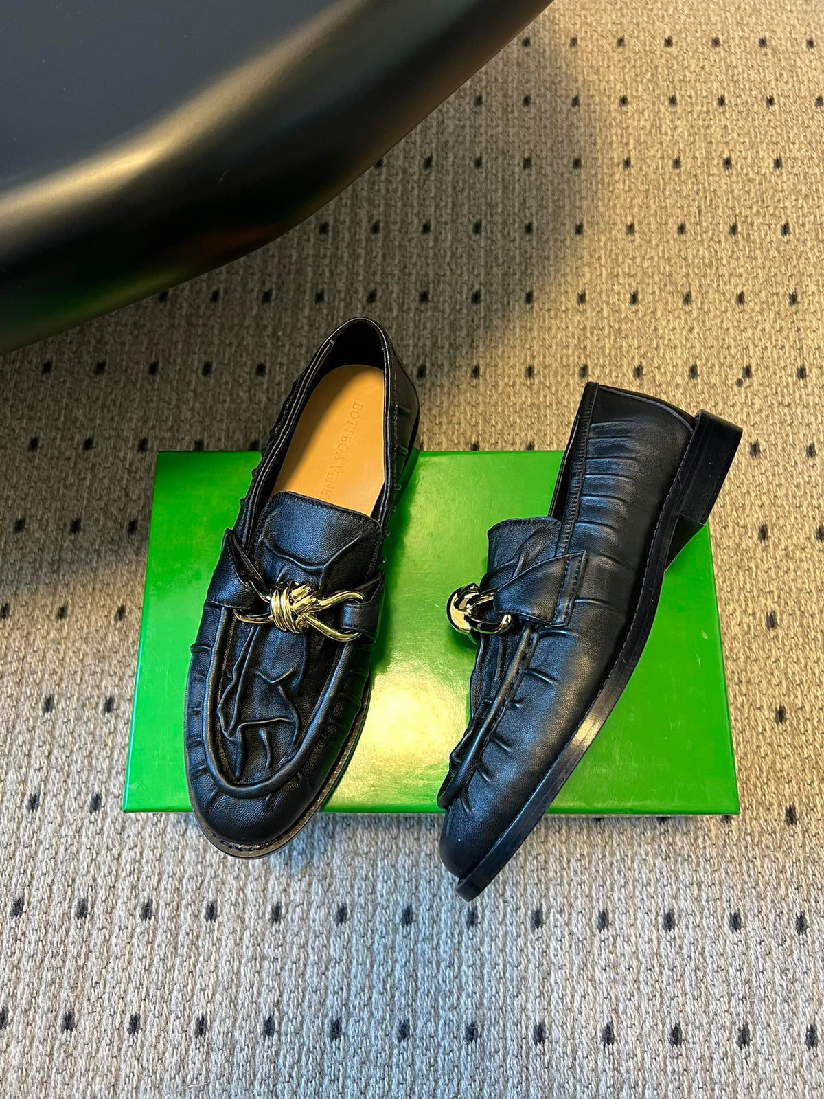 BOTTEGA VENETA 26S LOAFERS IN BLACK LAMBSKIN WITH GOLD HARDWARE