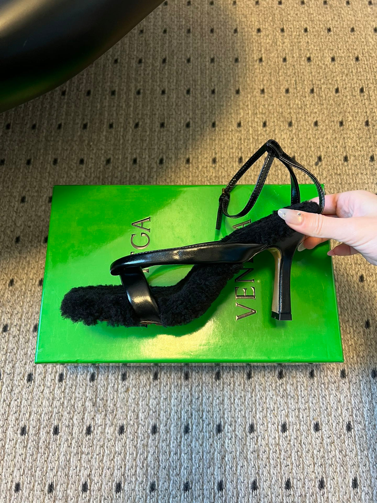 BOTTEGA VENETA 26S SQUARE-TOE HIGH-HEEL SANDALS 90 MM IN BLACK LAMBSKIN AND WOOL