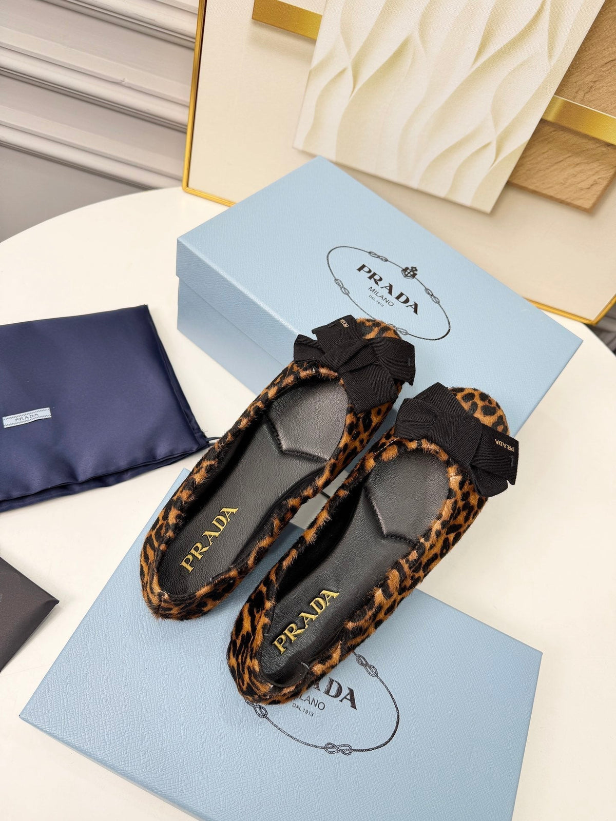PRADA 26S BALLERINA FLATS IN BROWN LEOPARD PRINT PONY HAIR WITH BOW