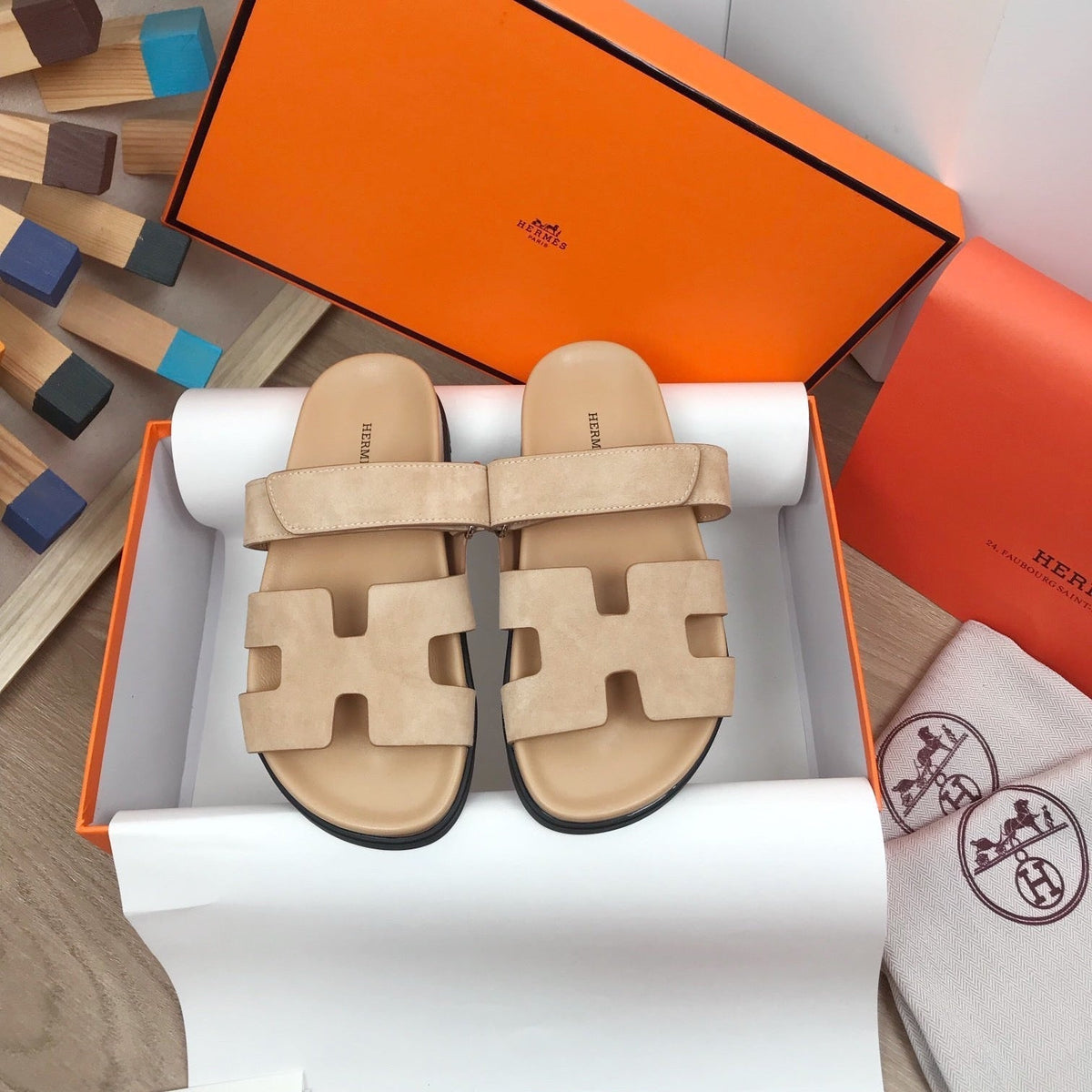 IZMIR SANDALS BEIGE SUEDE WITH SIGNATURE H CUT-OUT DESIGN