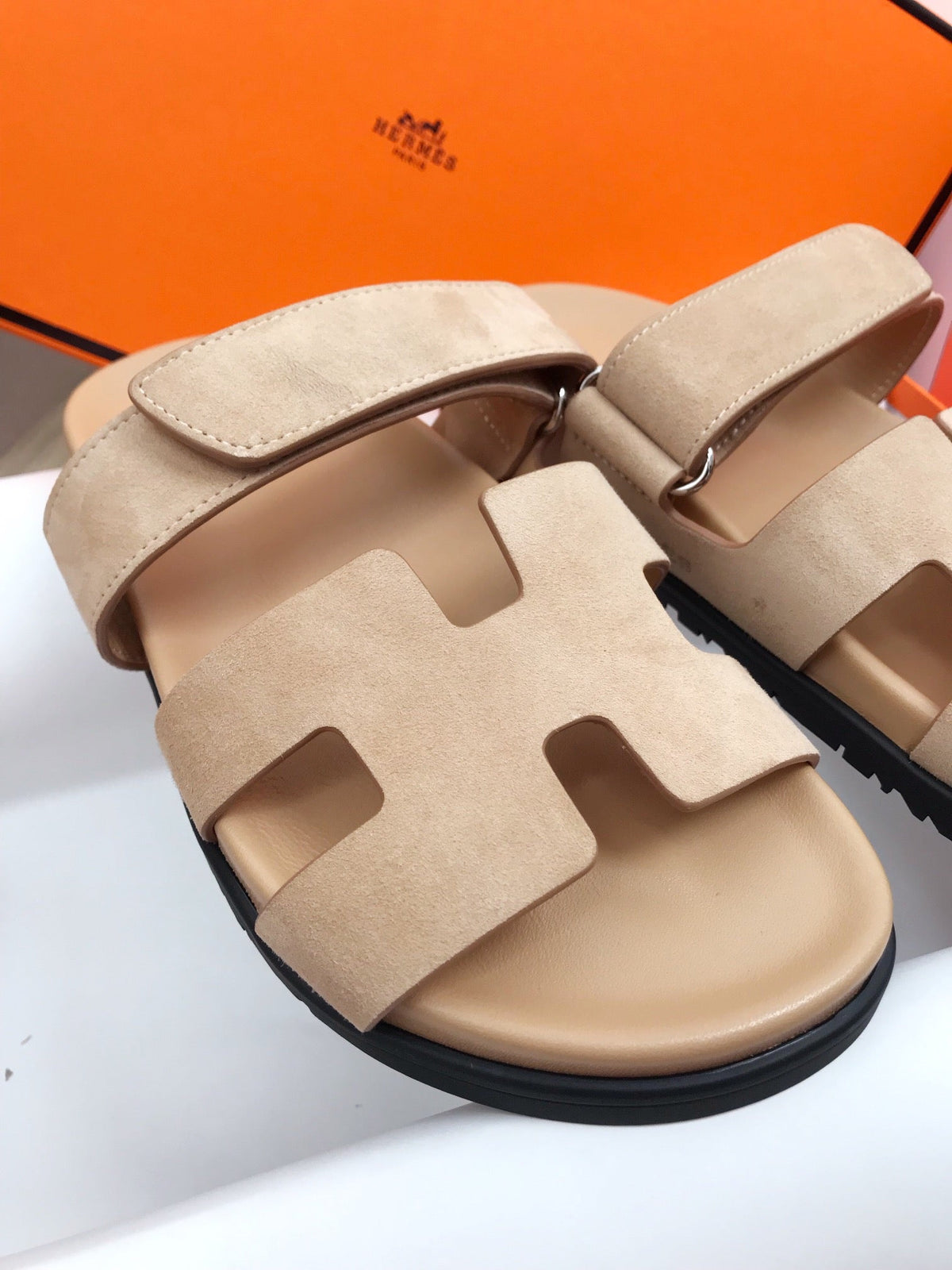 IZMIR SANDALS BEIGE SUEDE WITH SIGNATURE H CUT-OUT DESIGN