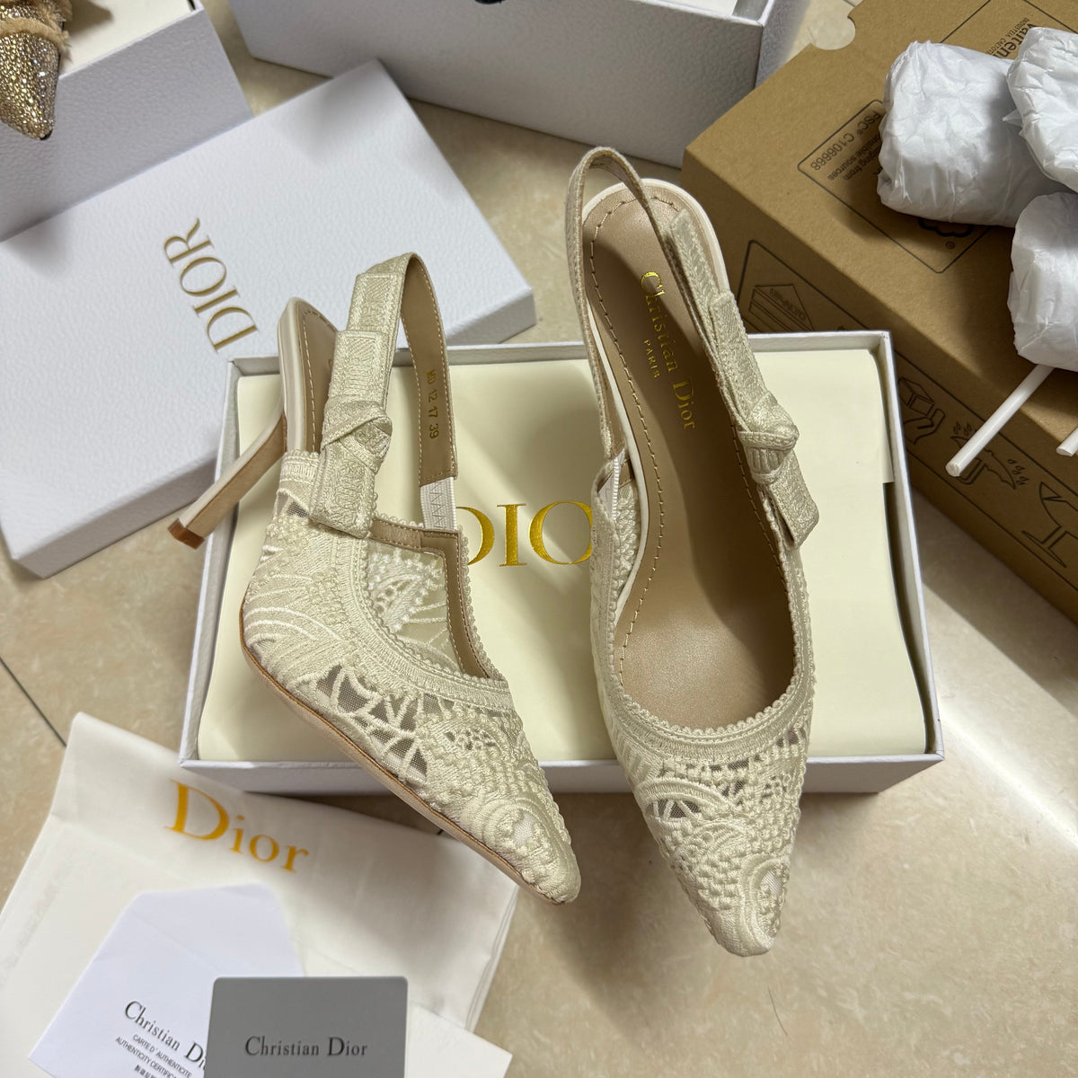 J'ADIOR SLINGBACK PUMPS IN IVORY WHITE EMBROIDERED LACE