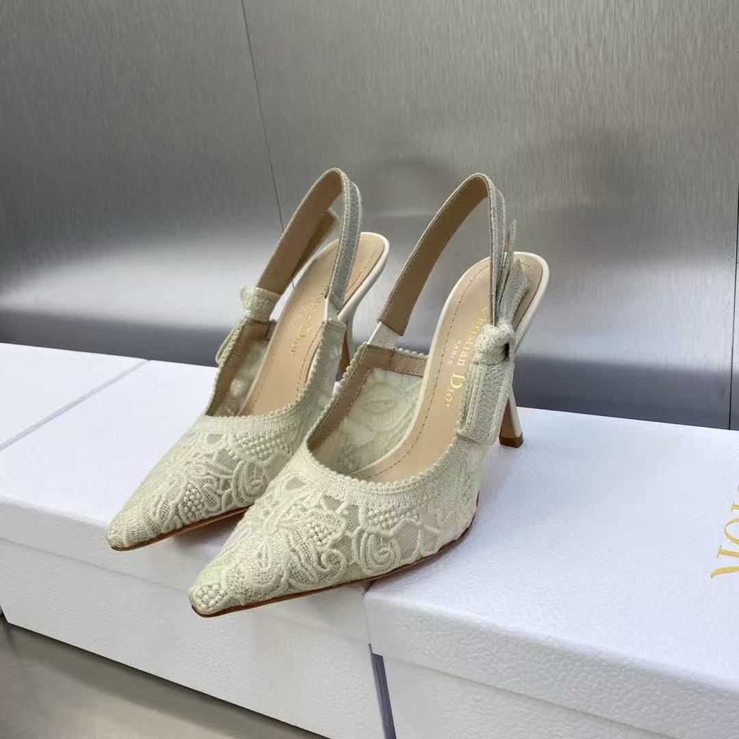 J'ADIOR SLINGBACK PUMPS IN IVORY WHITE EMBROIDERED LACE