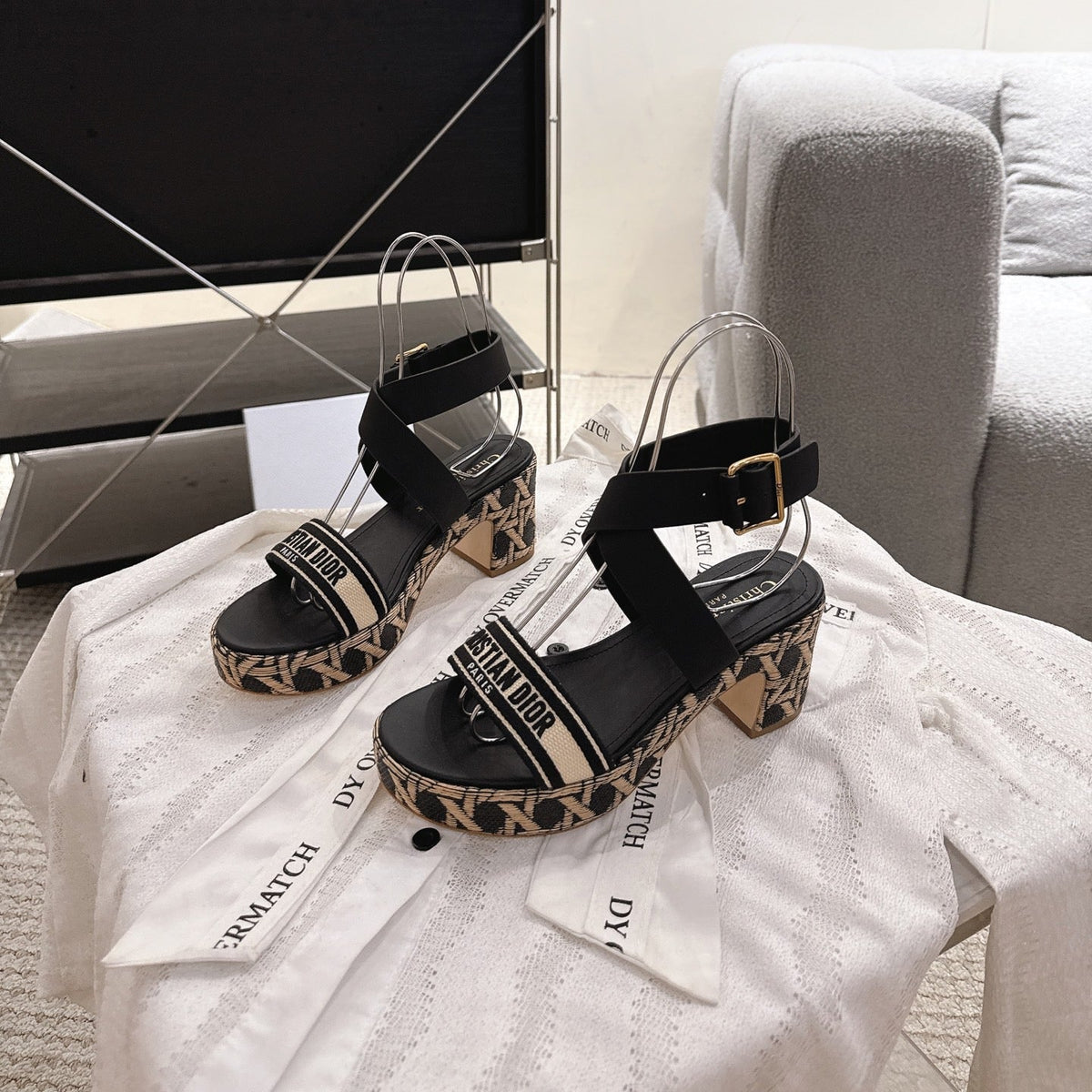 DIORACT SANDALS IN BLACK AND BEIGE EMBROIDERY AND CALFSKIN