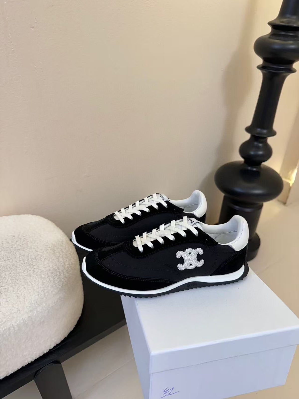 CELINE TRAINRES IN BLACK MIX WHITE SUEDE AND FABRIC