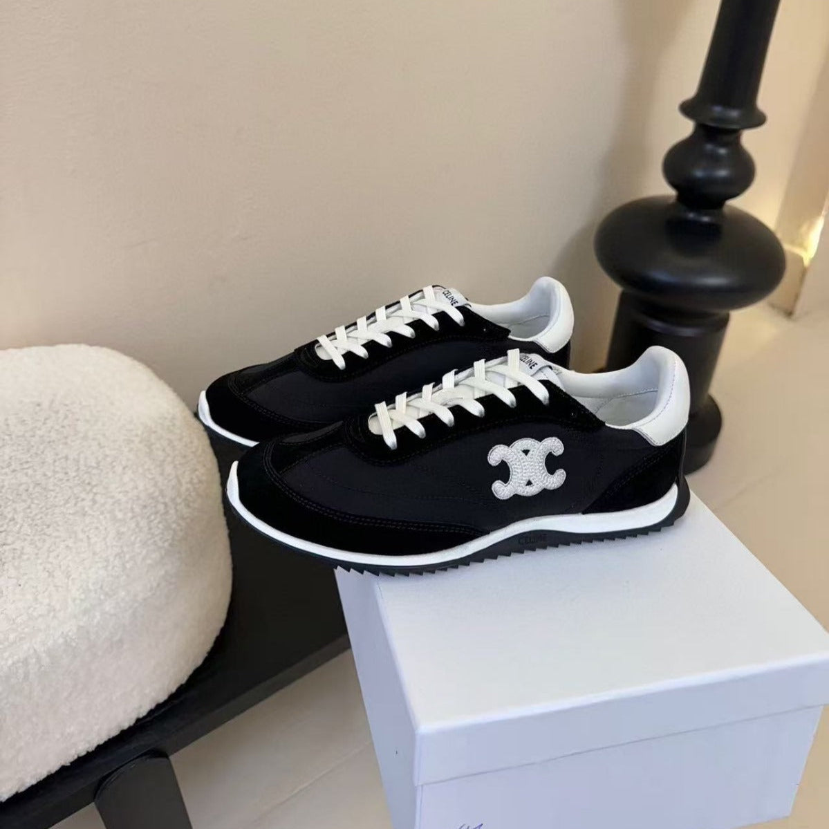 CELINE TRAINRES IN BLACK MIX WHITE SUEDE AND FABRIC