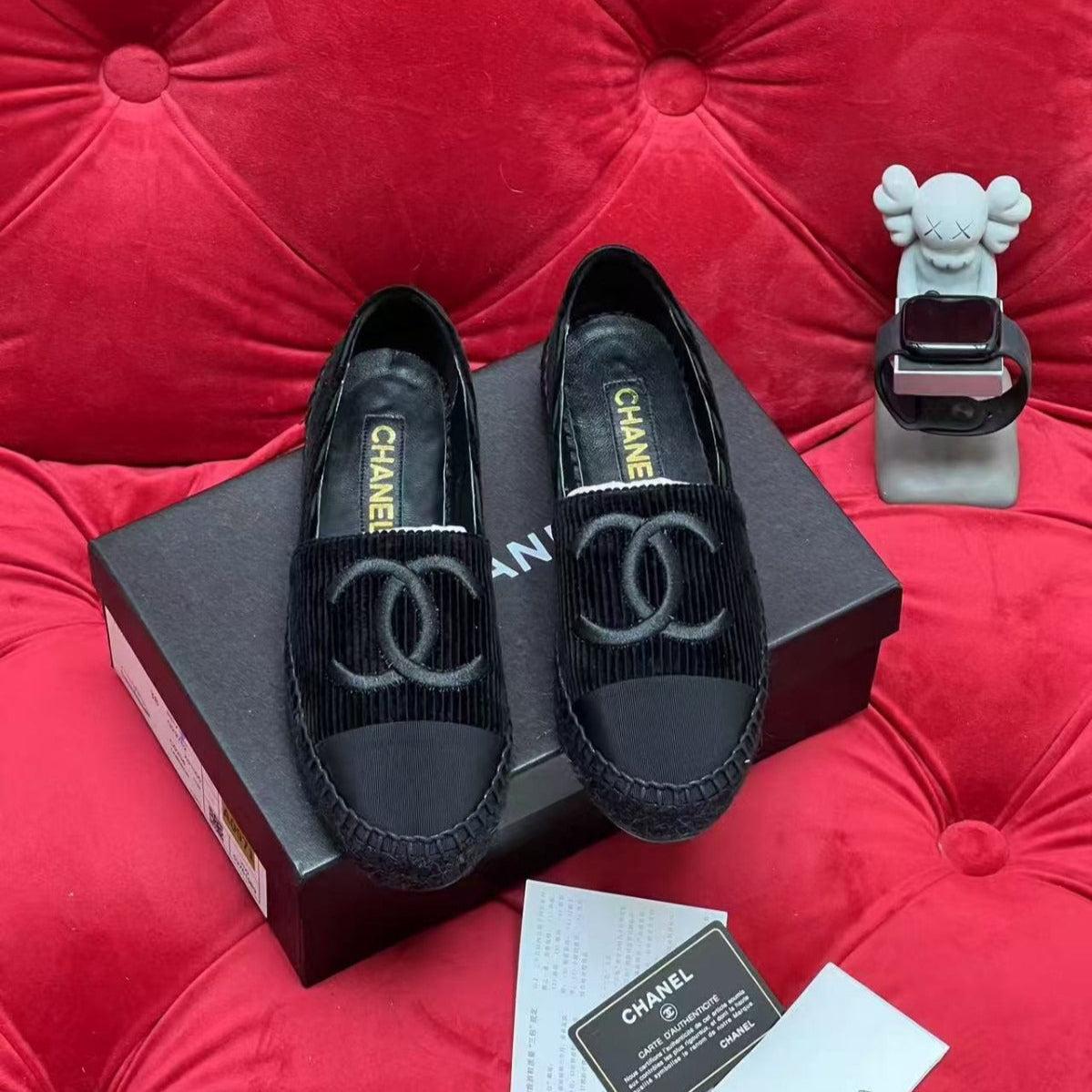 CC PLATFORM IN BLACK VELVET MIX CALFSKIN EMBROIDERED LOGO