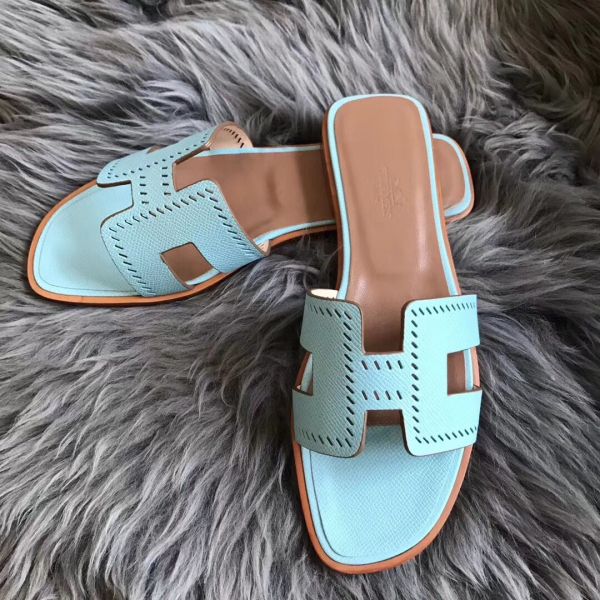HERM Oran Perforated Sandals In Blue Atoll Epsom Leather