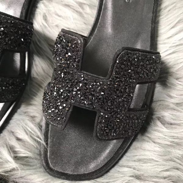 HERM Oran Sandals In Black Suede With Black Crystal