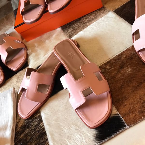 HERM Oran Slide Sandals In Pink Swift Calfskin
