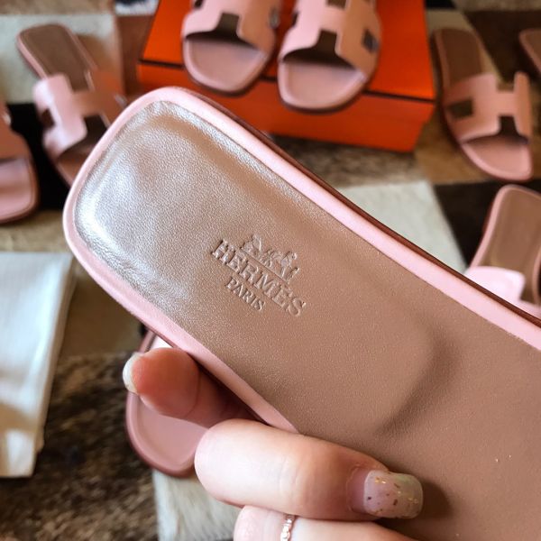 HERM Oran Slide Sandals In Pink Swift Calfskin