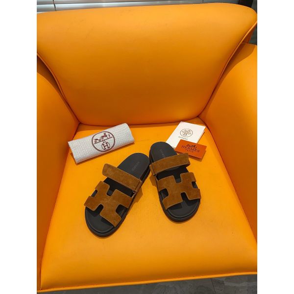 HERM Men's Chypre Sandals in Brown Suede Calfskin