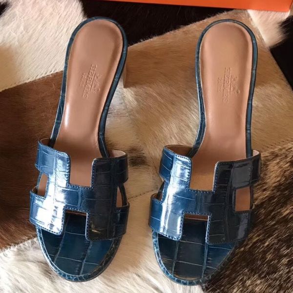 HERM Oasis Sandals In Blue Shiny Niloticus Crocodile