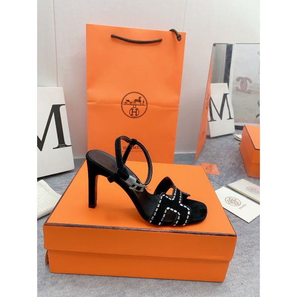 HERM Heden 80 Sandals in Black Suede Leather with Rhinestone