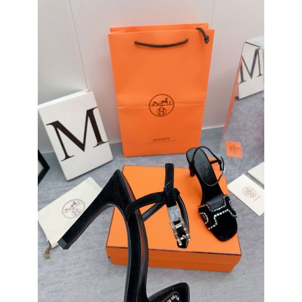 HERM Heden 80 Sandals in Black Suede Leather with Rhinestone