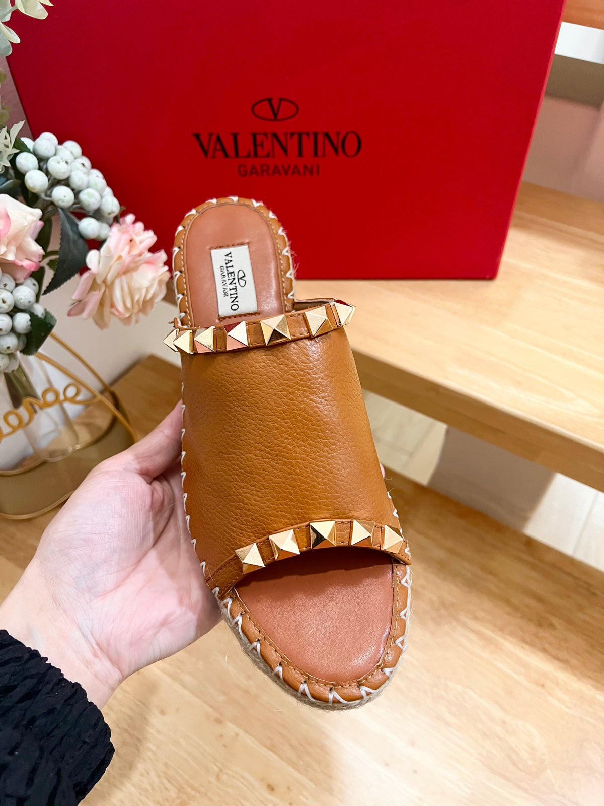 LACE-UP WEDGE SANDALS IN BRONZE BROWN CALFSKIN WITH STUDS